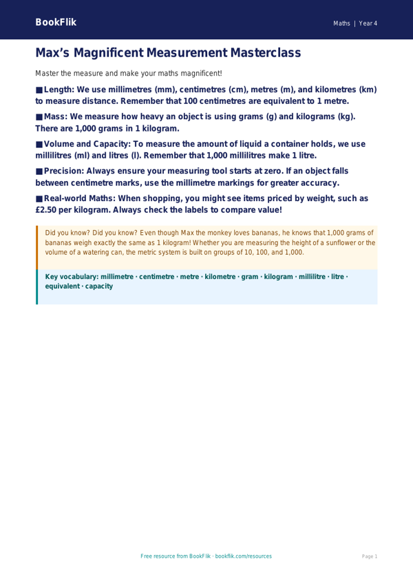 Free Measurement Poster | Year 4 | Maths | BookFlik worksheet preview — Maths Measurement