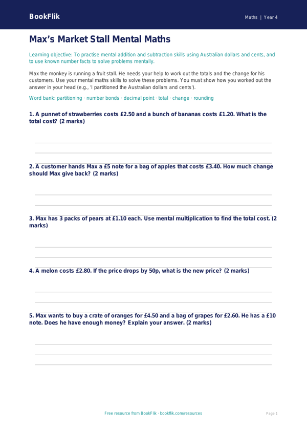 Free Mental Maths Activity Sheet | Year 4 | Maths | BookFlik worksheet preview — Maths Mental Maths