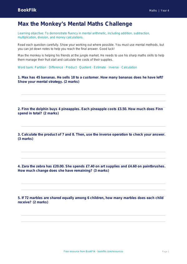Free Mental Maths Assessment | Year 4 | Maths | BookFlik worksheet preview — Maths Mental Maths