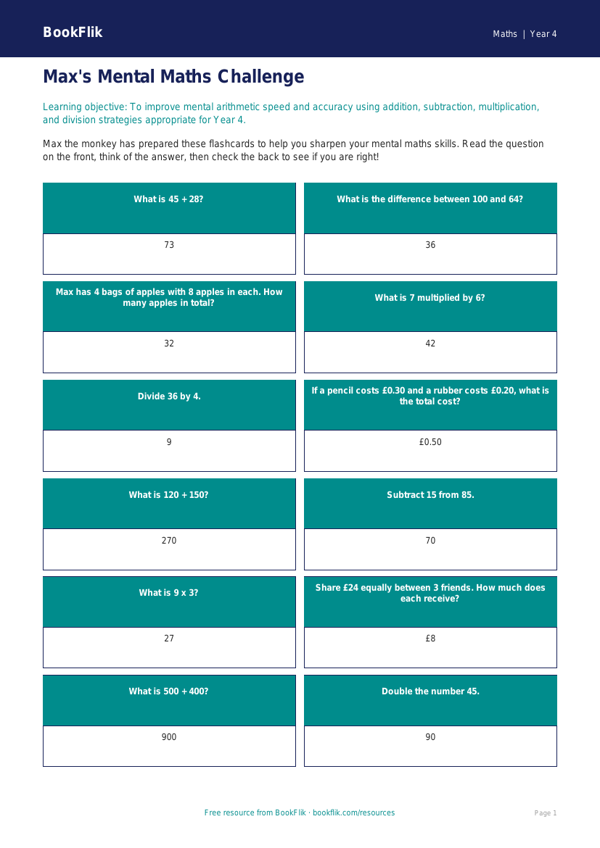 Free Mental Maths Flashcards | Year 4 | Maths | BookFlik worksheet preview — Maths Mental Maths