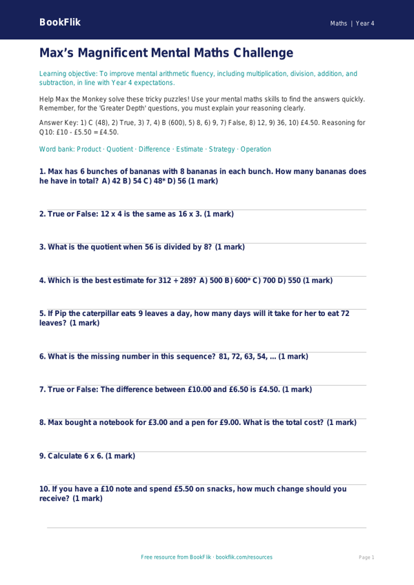 Mental Maths Quiz Year 4 Free | Greater Depth Challenge | BookFlik worksheet preview โ Maths Mental Maths