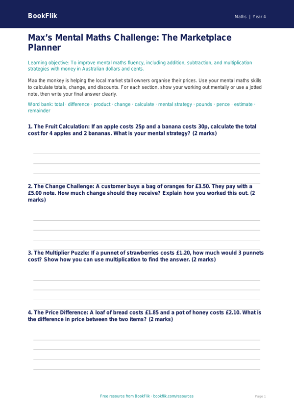 Free Mental Maths Template | Year 4 | Maths | BookFlik worksheet preview — Maths Mental Maths