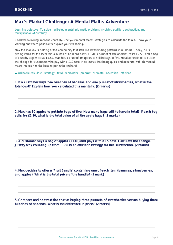 Free Mental Maths Track Sheet | Year 4 | Maths | BookFlik worksheet preview — Maths Mental Maths