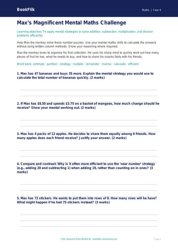Free Mental Maths Worksheet | Year 4 | Maths | BookFlik worksheet preview — Maths Mental Maths