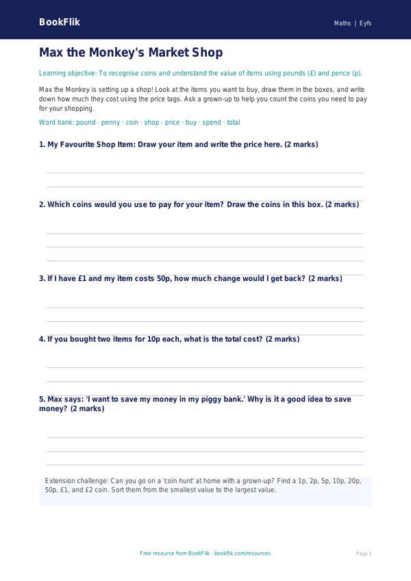 Free Money Template | Foundation | Maths | BookFlik worksheet preview — Maths Money