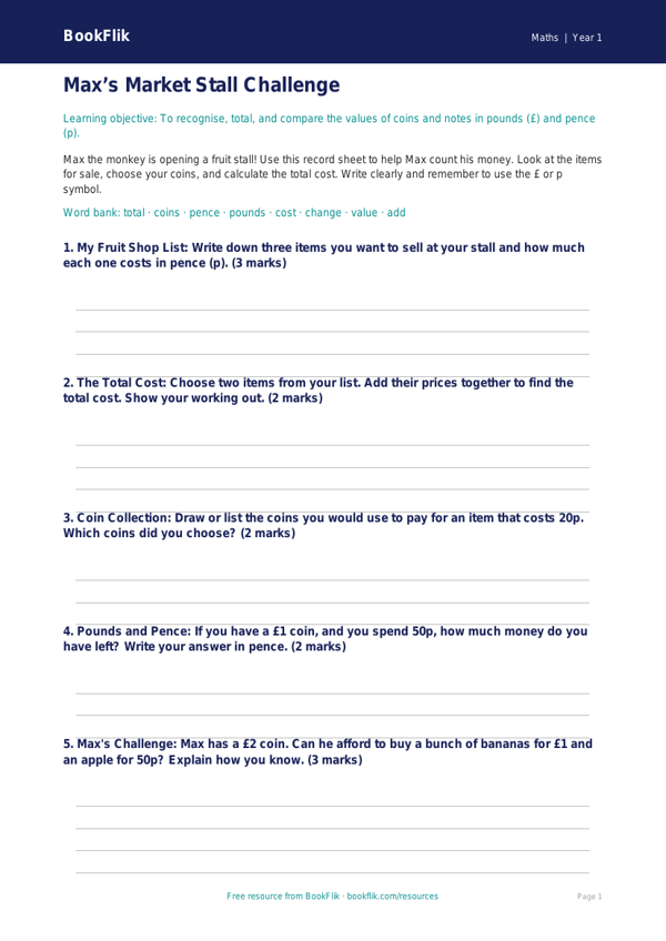 Free Money Template | Year 1 | Maths | BookFlik worksheet preview — Maths Money