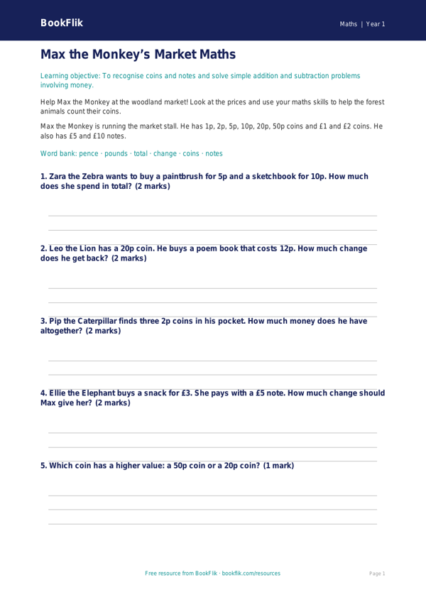 Free Money Worksheet | Year 1 | Maths | BookFlik worksheet preview — Maths Money
