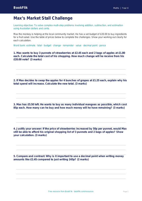 Free Money Activity Sheet | Year 4 | Maths | BookFlik worksheet preview — Maths Money