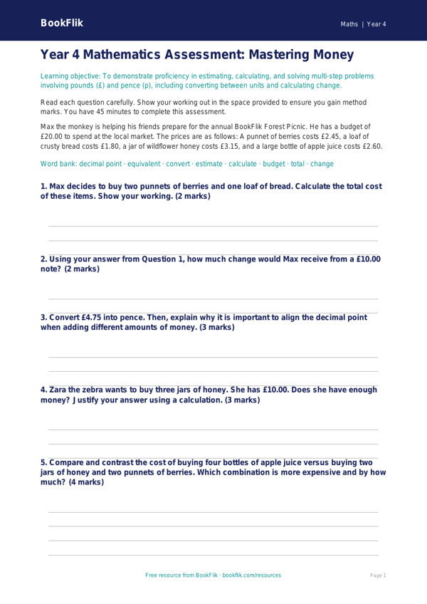 Maths money assessment year 4 greater depth worksheet preview — Maths Money