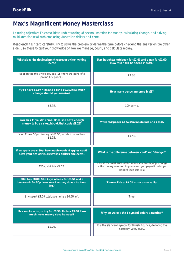 Free Money Flashcards | Year 4 | Maths | BookFlik worksheet preview — Maths Money
