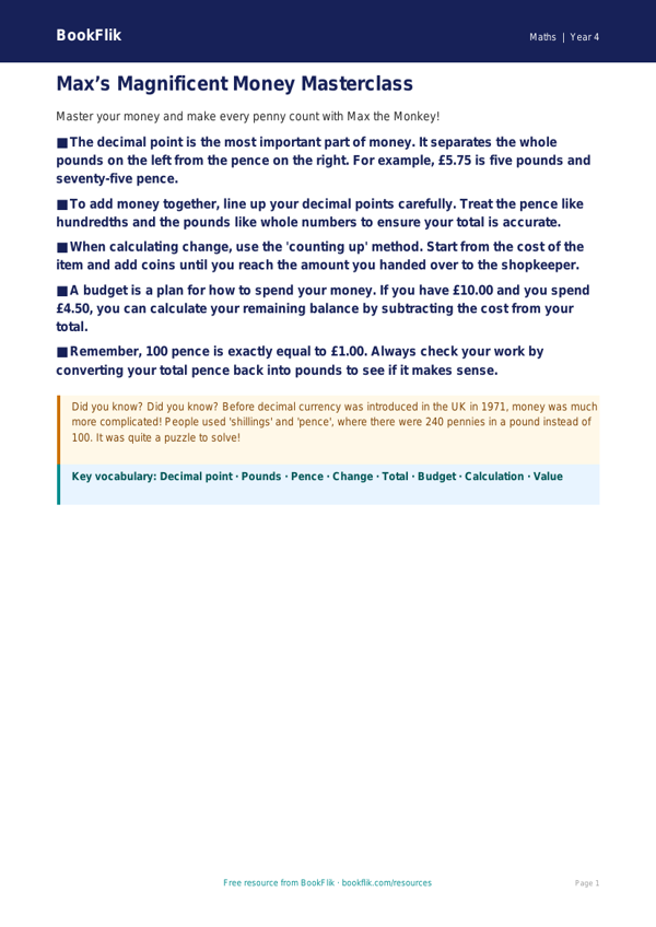 Free Money Poster | Year 4 | Maths | BookFlik worksheet preview — Maths Money