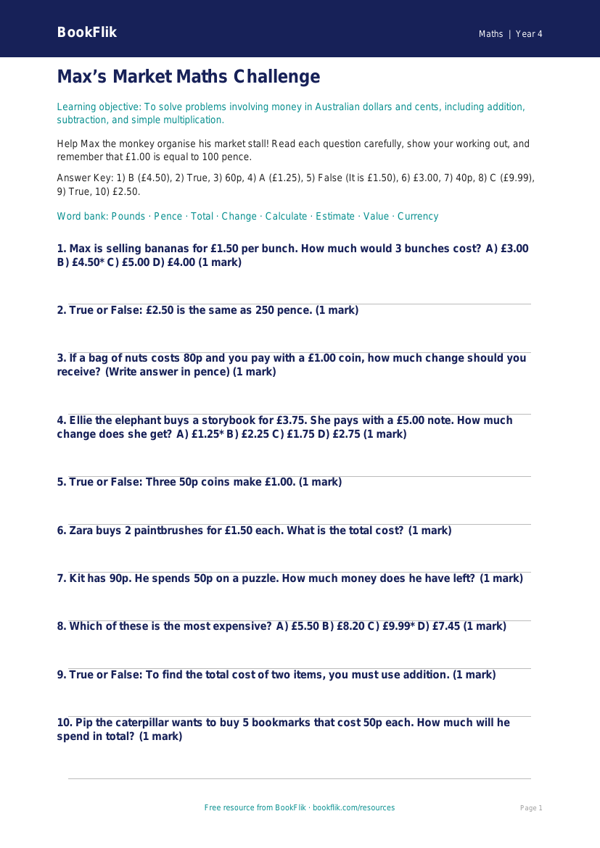 Maths money quiz year 4 greater depth worksheet preview — Maths Money
