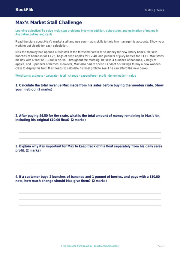Free Money Track Sheet | Year 4 | Maths | BookFlik worksheet preview — Maths Money