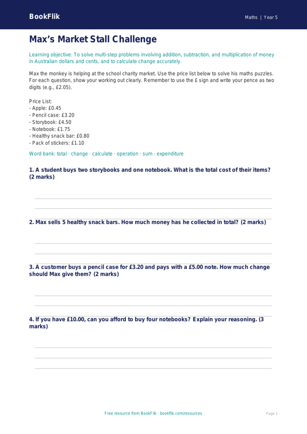 Free Money Activity Sheet | Year 5 | Maths | BookFlik worksheet preview — Maths Money