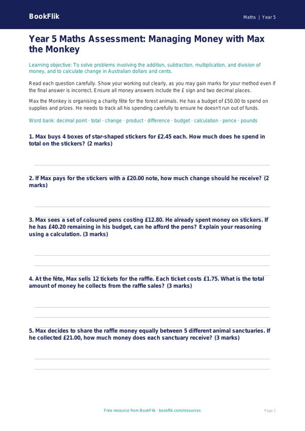 Free Money Assessment | Year 5 | Maths | BookFlik worksheet preview — Maths Money