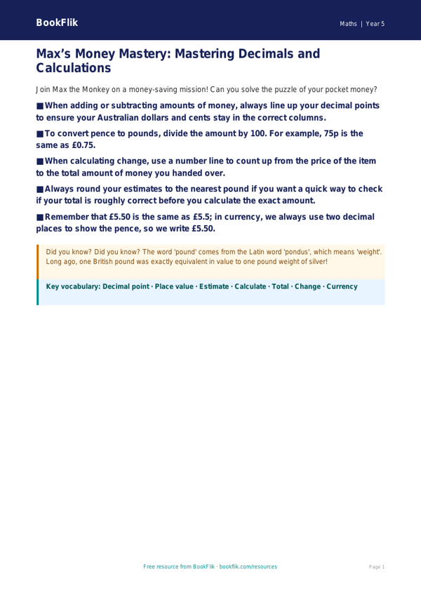 Free Money Poster | Year 5 | Maths | BookFlik worksheet preview — Maths Money
