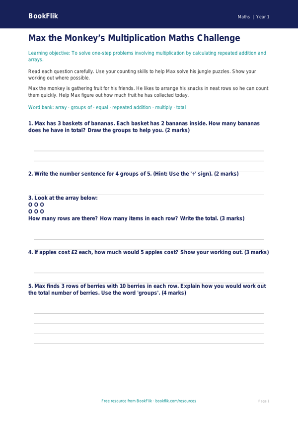 Free Multiplication Assessment | Year 1 | Maths | BookFlik worksheet preview — Maths Multiplication