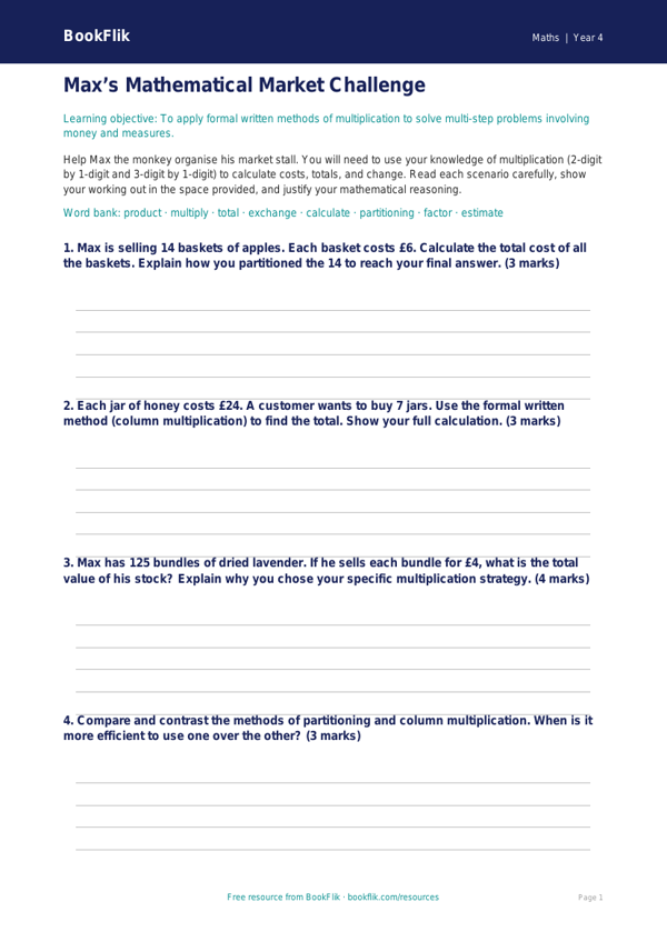 Free Multiplication Template | Year 4 | Maths | BookFlik worksheet preview — Maths Multiplication