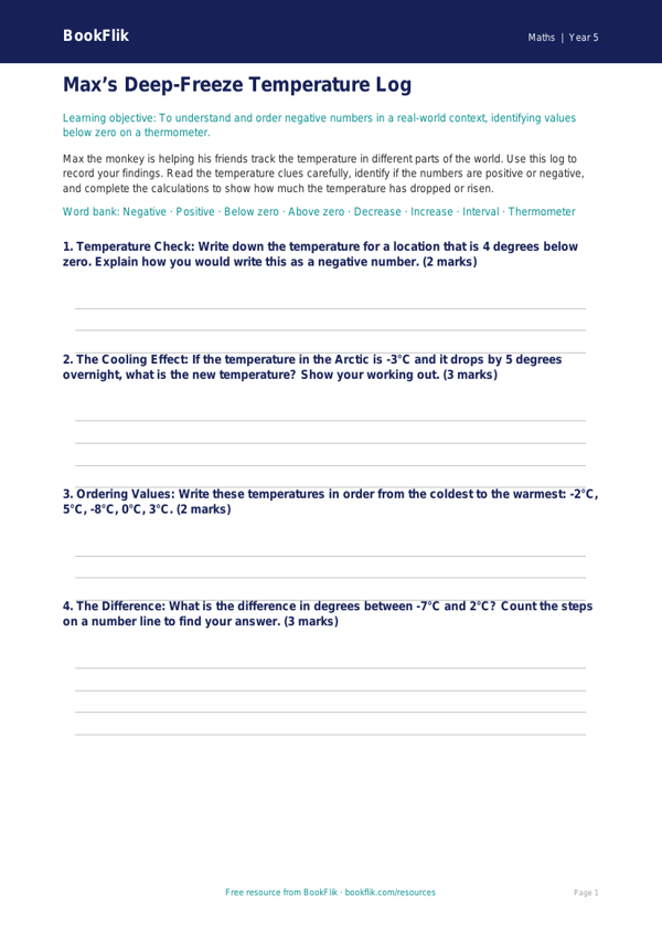 Free Negative Numbers Template | Year 5 | Maths | BookFlik worksheet preview — Maths Negative Numbers