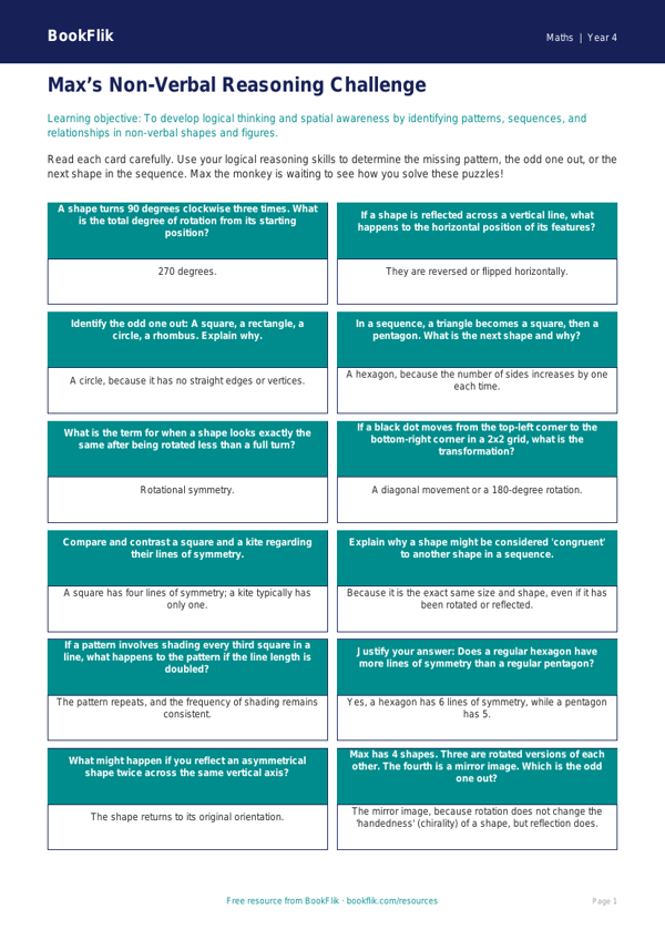 Non Verbal Reasoning Flashcards for Year 4 | Australian Curriculum Maths worksheet preview — Maths Non Verbal Reasoning