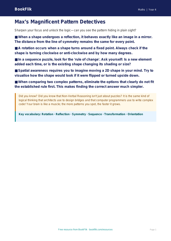 Non-Verbal Reasoning Challenge for Year 4 | Maths Resources | BookFlik worksheet preview โ Maths Non Verbal Reasoning