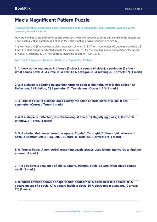 Non Verbal Reasoning Quiz Year 4 | Maths | Australian Curriculum worksheet preview — Maths Non Verbal Reasoning