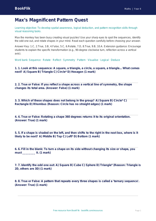Free Non Verbal Reasoning Quiz | Year 4 | Maths | BookFlik worksheet preview — Maths Non Verbal Reasoning