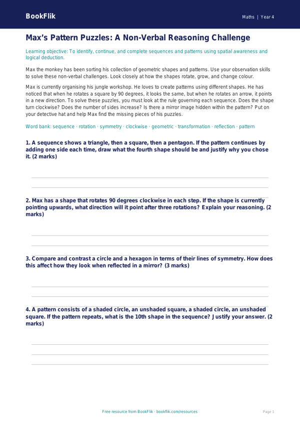 Free Non Verbal Reasoning Track Sheet | Year 4 | Maths | BookFlik worksheet preview — Maths Non Verbal Reasoning