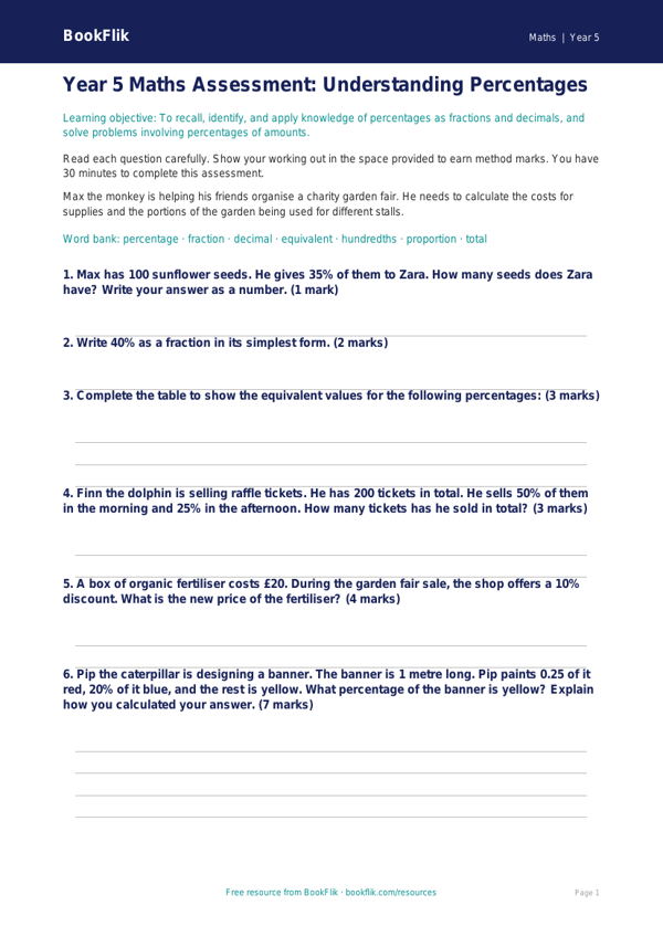 Free Percentages Assessment | Year 5 | Maths | BookFlik worksheet preview — Maths Percentages
