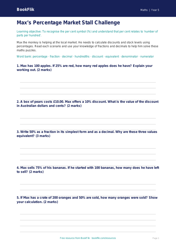 Free Percentages Template | Year 5 | Maths | BookFlik worksheet preview — Maths Percentages
