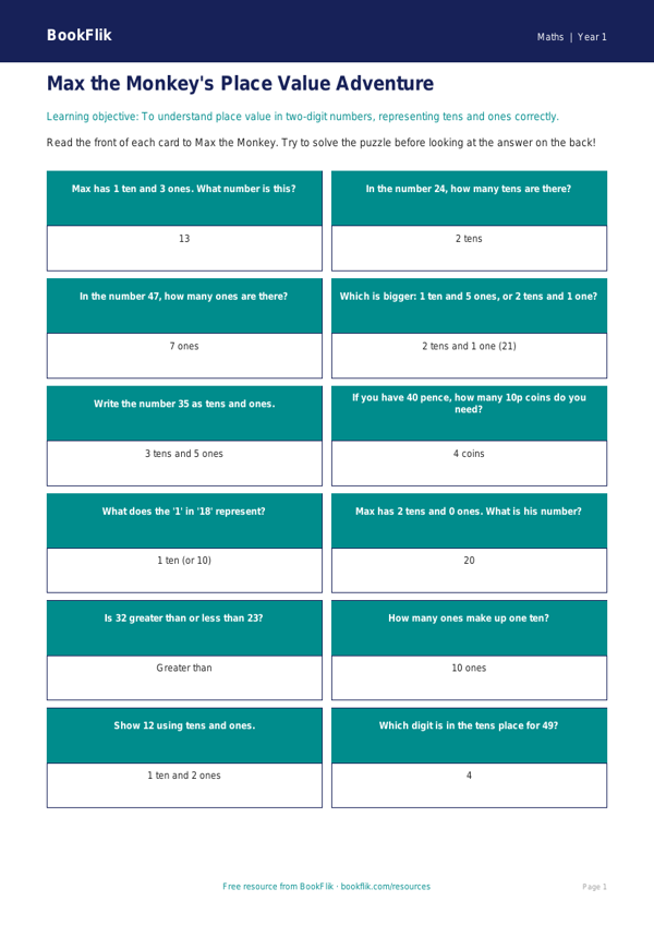 Free Place Value Flashcards | Year 1 Maths | BookFlik worksheet preview — Maths Place Value