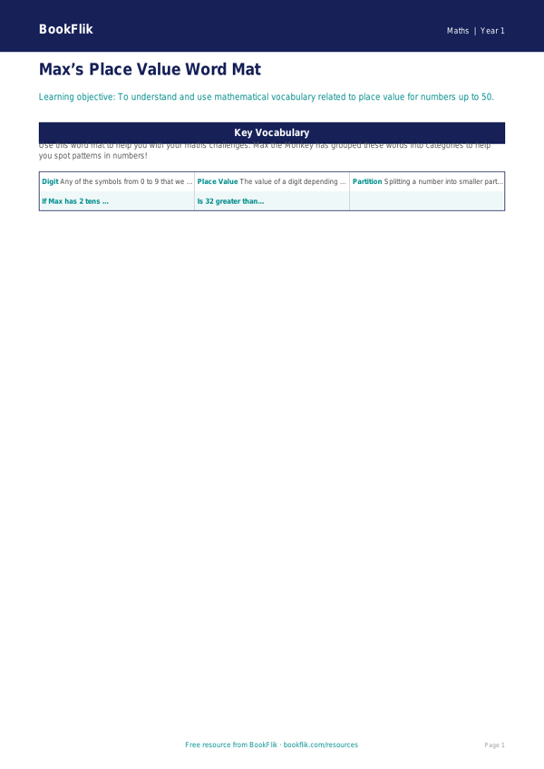 Free Place Value Word Mat | Year 1 | Maths | BookFlik worksheet preview — Maths Place Value