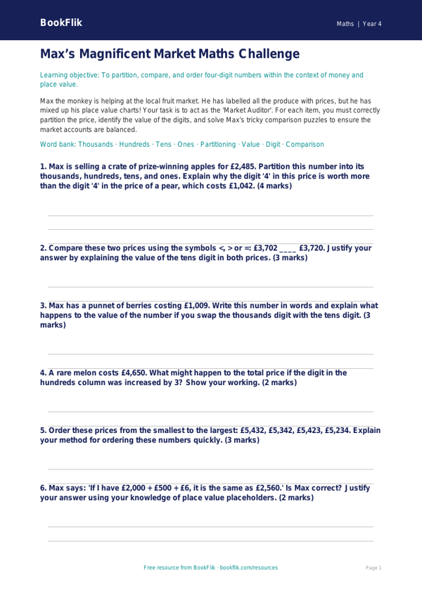 Free Place Value Activity Sheet | Year 4 | Maths | BookFlik worksheet preview — Maths Place Value