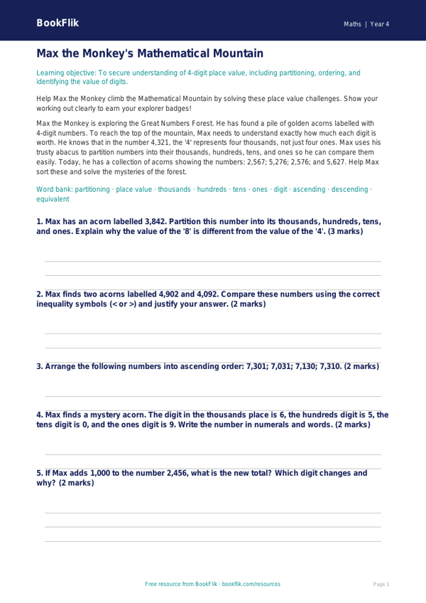 Free Place Value Track Sheet | Year 4 | Maths | BookFlik worksheet preview — Maths Place Value