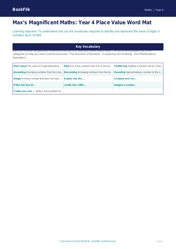 Free Place Value Word Mat | Year 4 | Maths | BookFlik worksheet preview — Maths Place Value