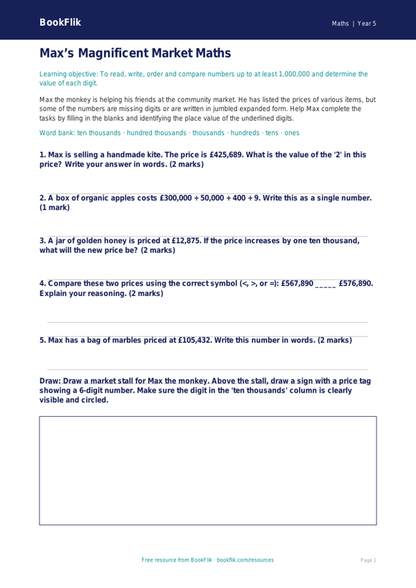 Free Place Value Activity Sheet | Year 5 | Maths | BookFlik worksheet preview — Maths Place Value