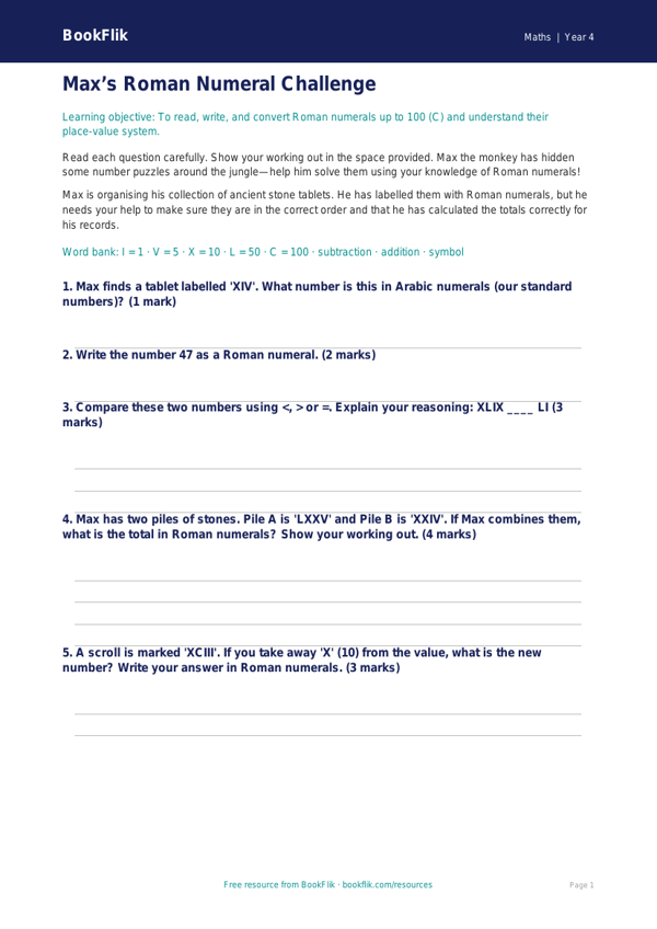 Free Roman Numerals Assessment | Year 4 | Maths | BookFlik worksheet preview — Maths Roman Numerals