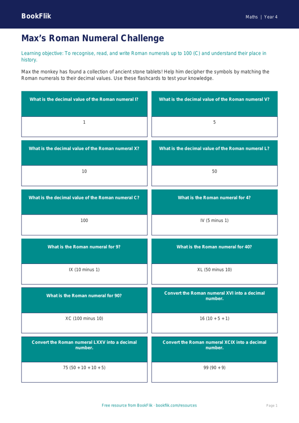 Free Roman Numerals Flashcards | Year 4 | Maths | BookFlik worksheet preview — Maths Roman Numerals
