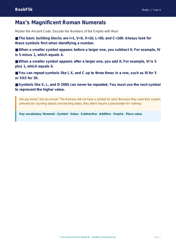 Free Roman Numerals Poster | Year 4 | Maths | BookFlik worksheet preview — Maths Roman Numerals
