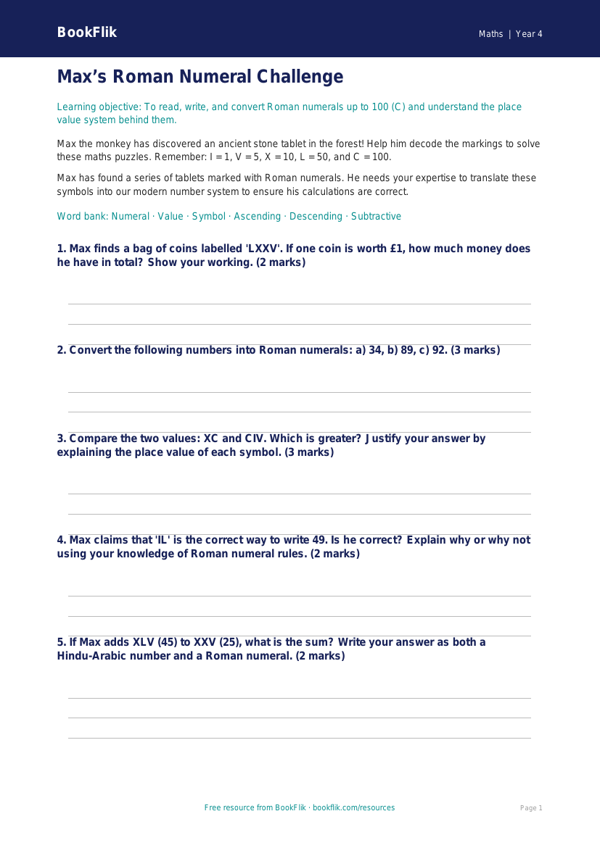 Free Roman Numerals Worksheet | Year 4 | Maths | BookFlik worksheet preview — Maths Roman Numerals