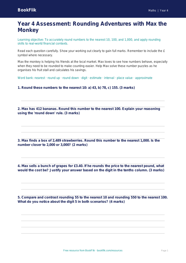 Free Rounding Assessment | Year 4 | Maths | BookFlik worksheet preview — Maths Rounding