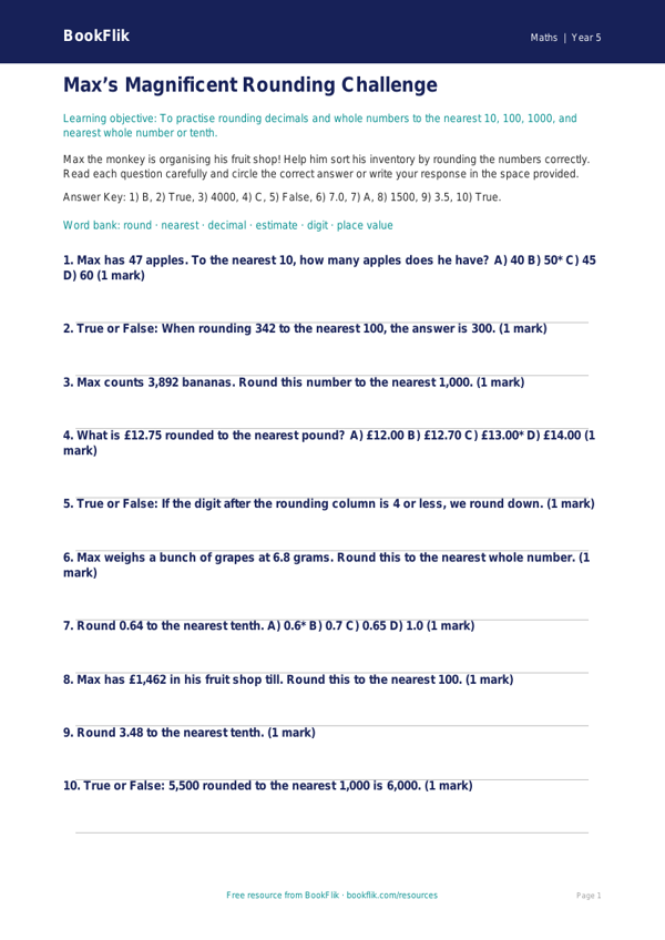Free Rounding Quiz | Year 5 | Maths | BookFlik worksheet preview — Maths Rounding