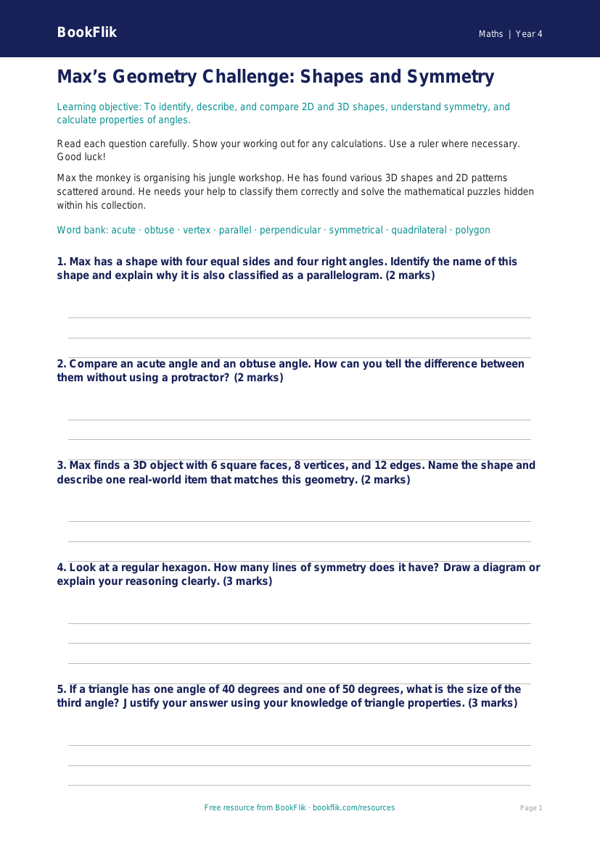Maths shape assessment year 4 greater depth worksheet preview — Maths Shape