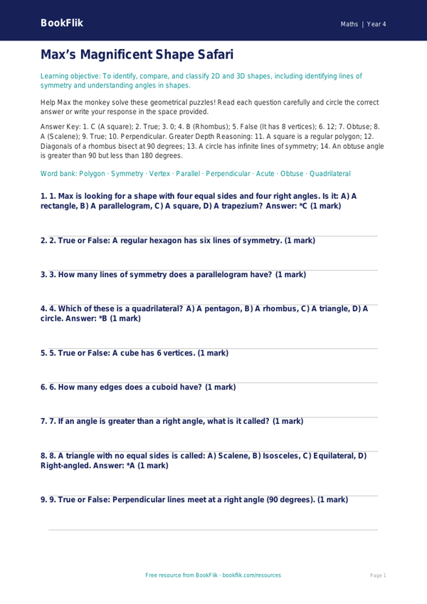 Maths shape quiz year 4 greater depth worksheet preview — Maths Shape