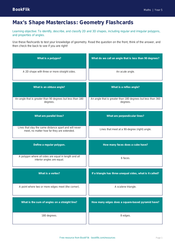 Free Shape Flashcards | Year 5 | Maths | BookFlik worksheet preview — Maths Shape