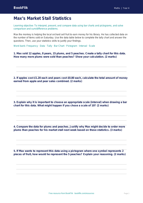 Free Statistics Activity Sheet | Year 4 | Maths | BookFlik worksheet preview — Maths Statistics