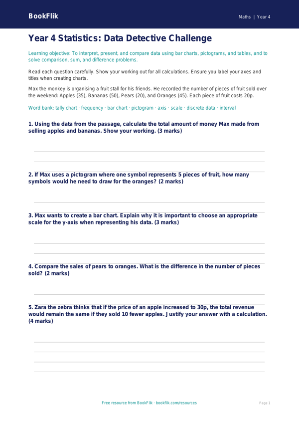 Free Statistics Assessment for Year 4 Maths | BookFlik Australia worksheet preview — Maths Statistics