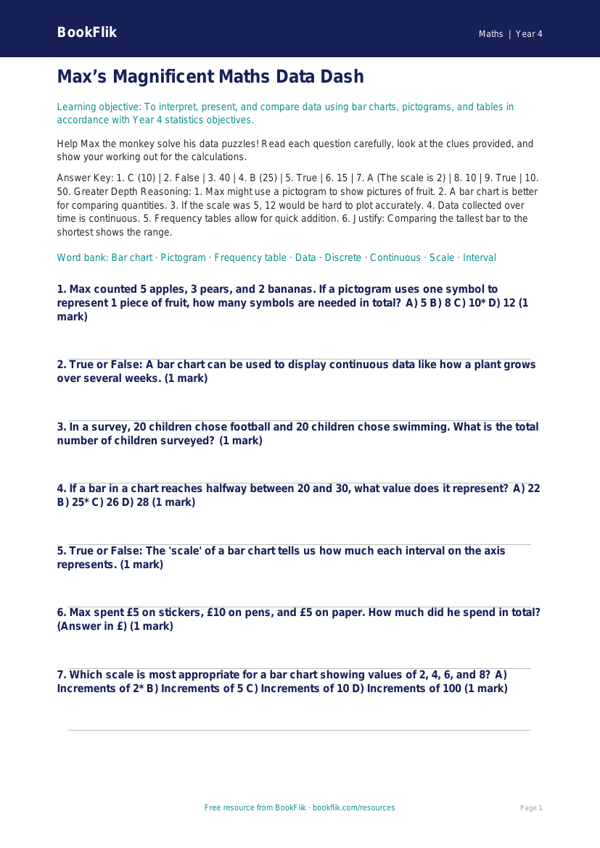 Free Statistics Quiz | Year 4 | Maths | BookFlik worksheet preview — Maths Statistics