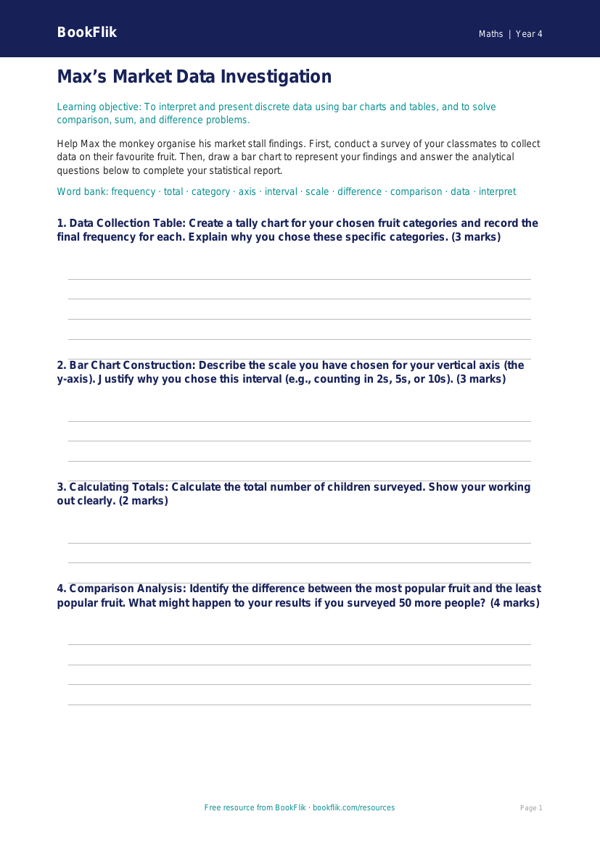 Free Statistics Template | Year 4 | Maths | BookFlik worksheet preview — Maths Statistics