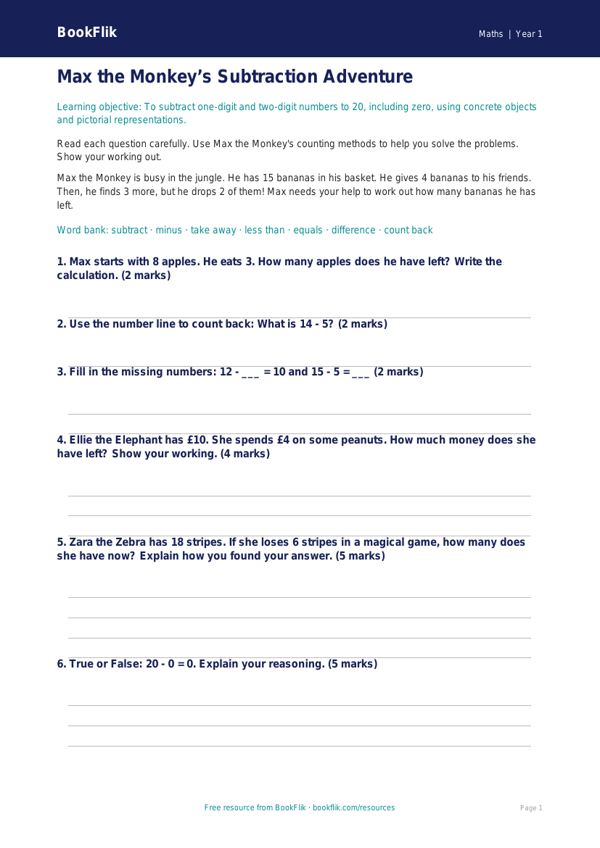 Free Subtraction Assessment | Year 1 | Maths | BookFlik worksheet preview — Maths Subtraction